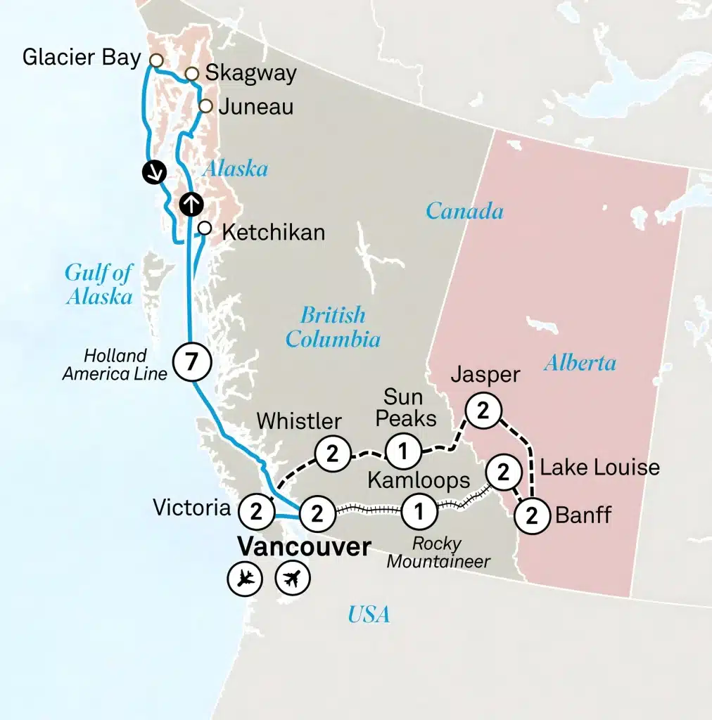 Western Canada and Alaska map with a cruise from Vancouver to Glacier Bay and Rocky Mountaineer rail to Kamloops, Jasper, Lake Louise and Banff.