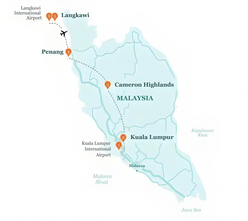 Map of Peninsular Malaysia with four numbered pins marking Langkawi, Penang, Kuala Lumpur, and Cameron Highlands along a travel route on a pale blue map of Malaysia.