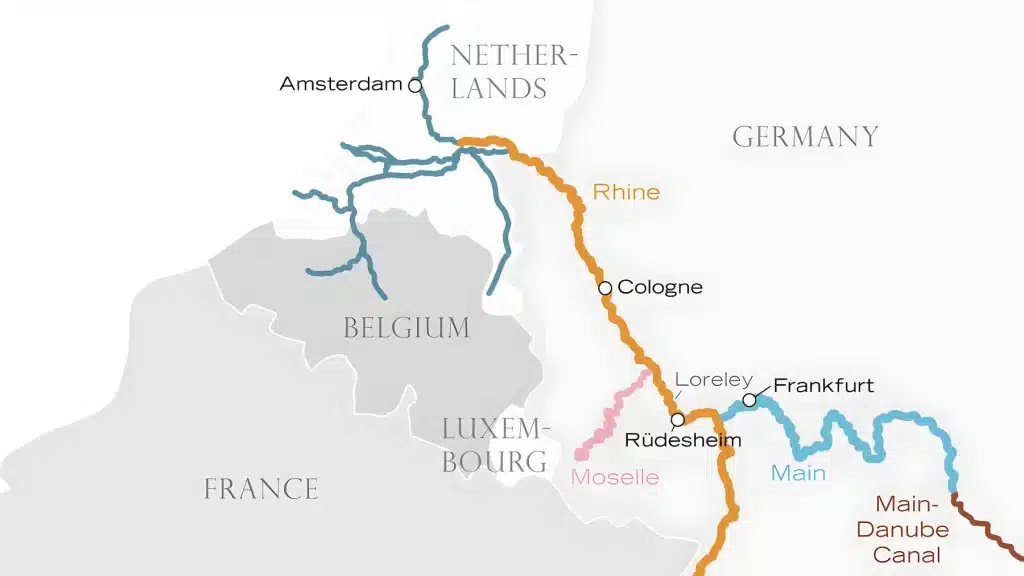 River map of the Rhine from Amsterdam via Cologne and Rüdesheim to Frankfurt, showing the Moselle, Main and Main-Danube Canal.