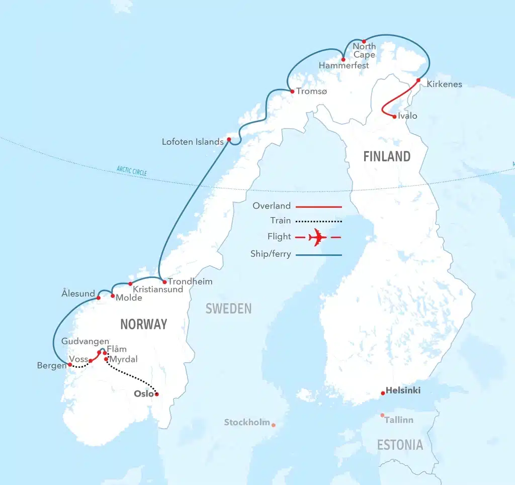 Map of Norway, Sweden, and Finland showing travel routes: blue ship/ferry line, red train line, and a dotted flight path between coastal cities like Tromsø, Kirkenes, Oslo, and Helsinki (Nordic route).