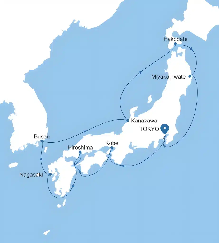 Japan cruise map from Tokyo via Miyako, Hakodate, Kanazawa, Busan, Nagasaki, Hiroshima and Kobe.