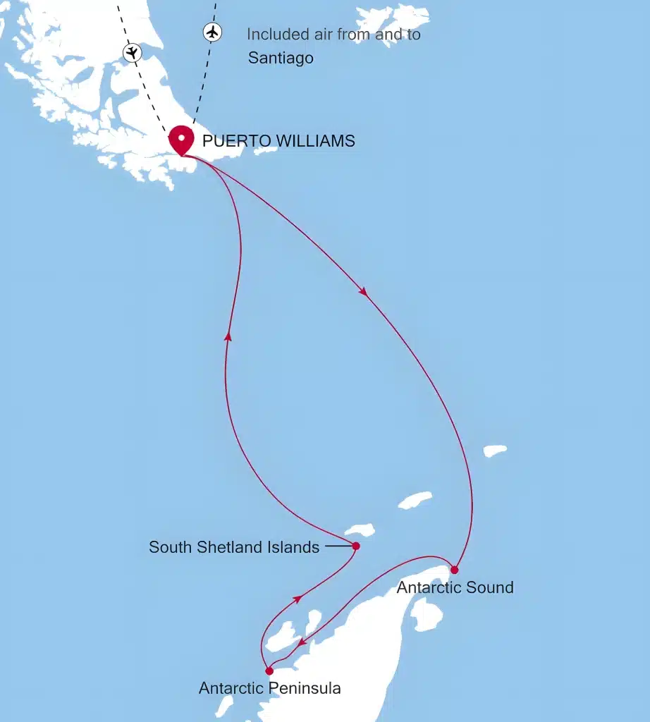 Map of Antarctic cruise route from Puerto Williams to the South Shetland Islands and Antarctic Peninsula.