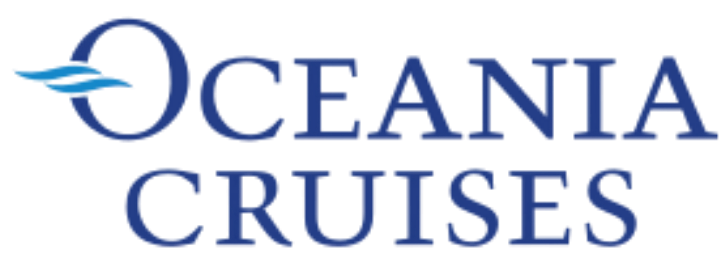 Oceania Cruises logo: dark blue wordmark with a light blue swoosh to the left.