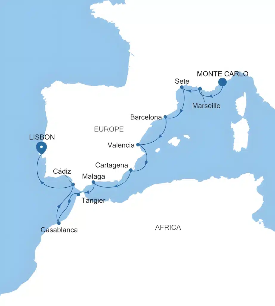 Map of Mediterranean and Atlantic cruise route from Monte Carlo and Lisbon to Barcelona, Tangier and Casablanca.