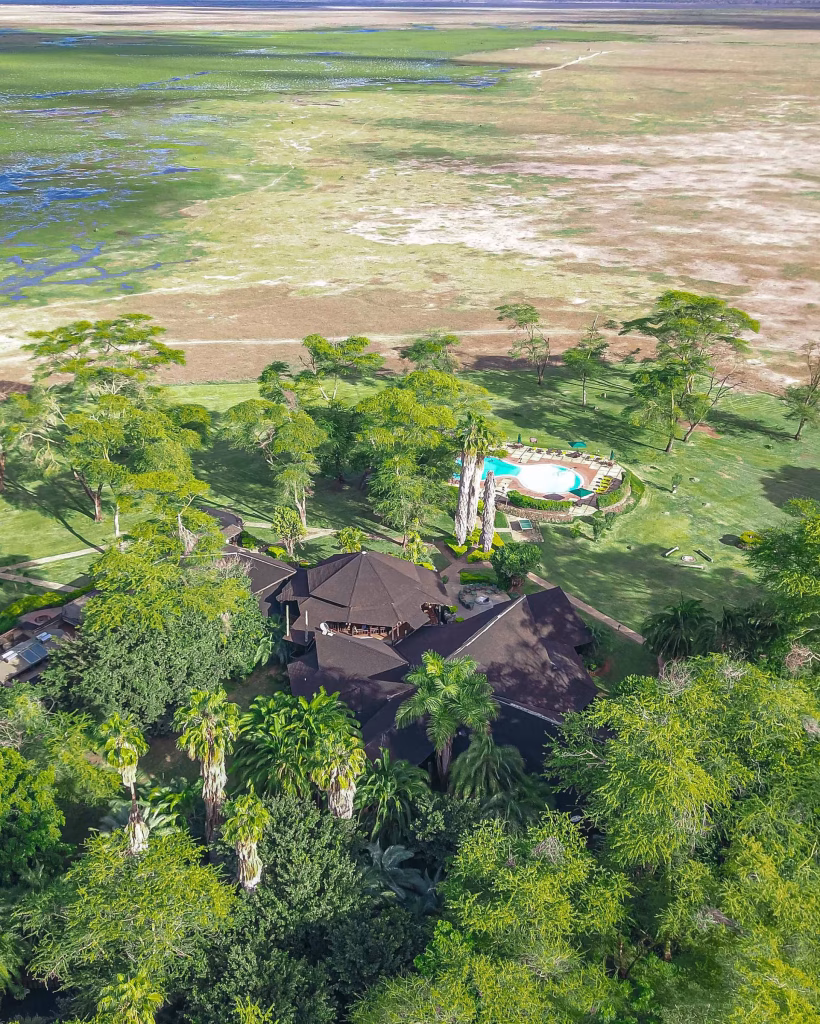 Aerial view of a tropical resort with a turquoise pool, brown-roofed buildings, and lush green lawns surrounded by tall trees.