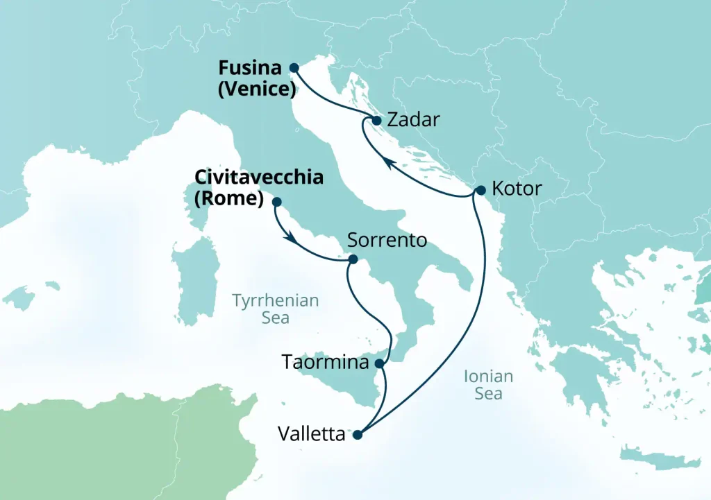 Map showing a Mediterranean cruise route from Fusina (Venice) to Zadar, Kotor, Sorrento, Civitavecchia (Rome), Taormina, and Valletta.