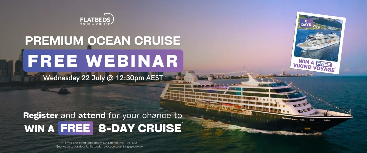 Promotional banner for a premium ocean cruise webinar: ‘FREE WEBINAR’ on a large purple label with a cruise ship backdrop and date details (Wed 22 July, 12:30pm AEST).