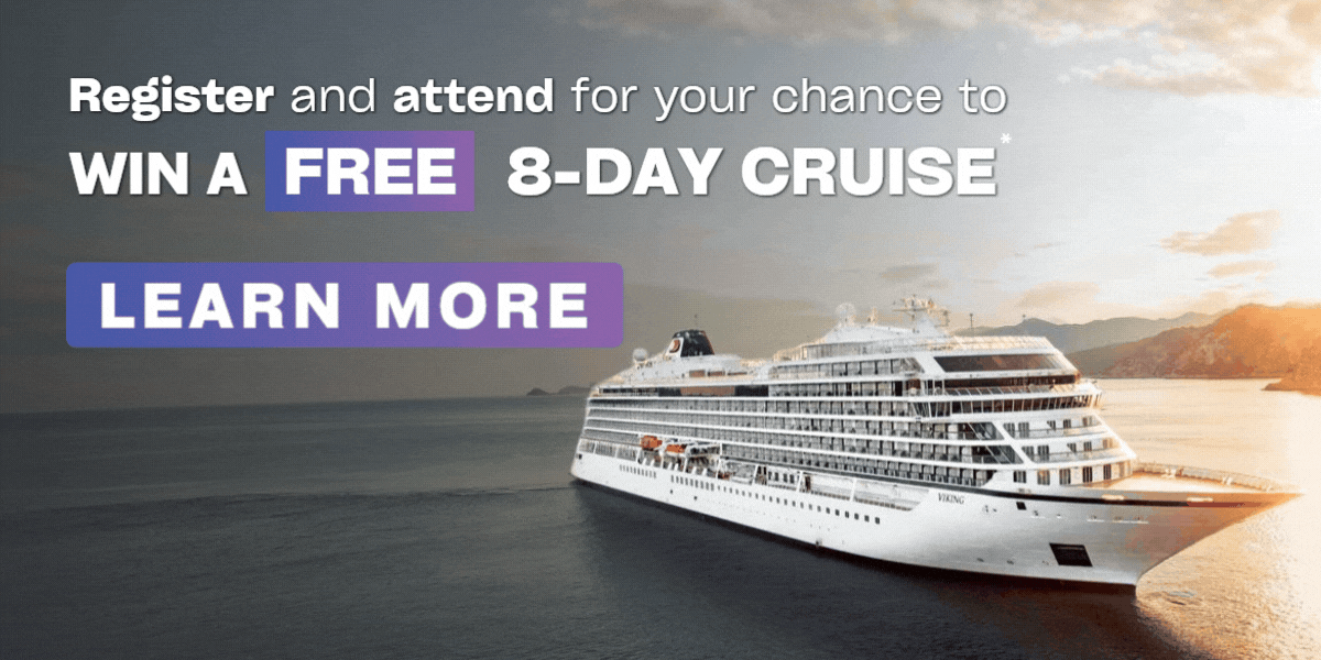 Promotional banner inviting users to register to win a free 8-day cruise; large ship on sunset water with a Learn More CTA.