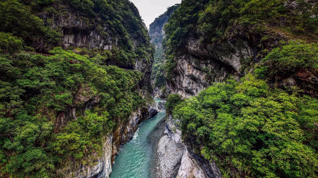 A deep river carves through a narrow canyon with steep, forested cliffs on both sides.