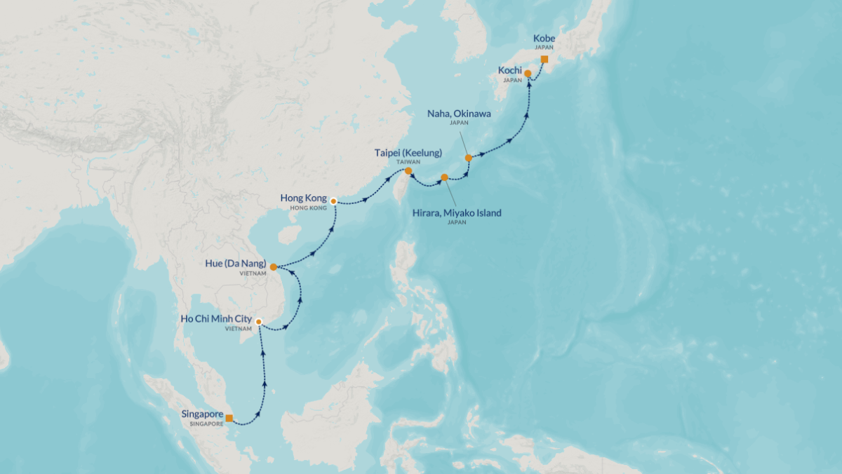 Map of a sea route from Singapore to Kobe with stops in Ho Chi Minh City, Hue/Da Nang, Hong Kong, Taipei, Hirara Miyako Island, Naha, and Kochi