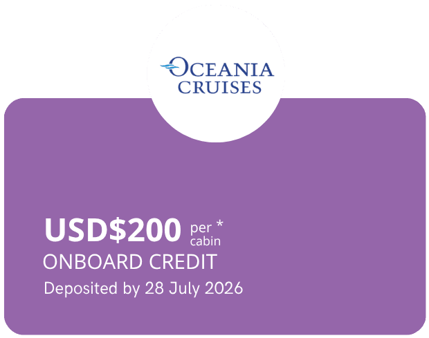 Purple Oceania Cruises promo card: $200 onboard credit per cabin, deposited by 28 July 2026, with logo at top.