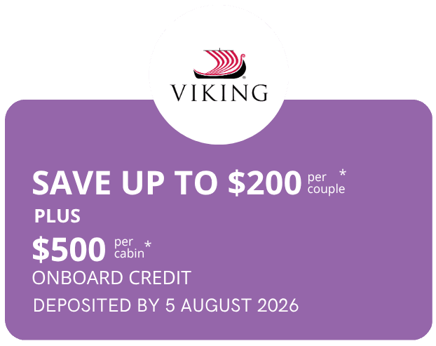 Promotional Viking sale banner: purple card with logo offering up to $200 per couple and $500 per cabin onboard credit, deposit by Aug 5, 2026.