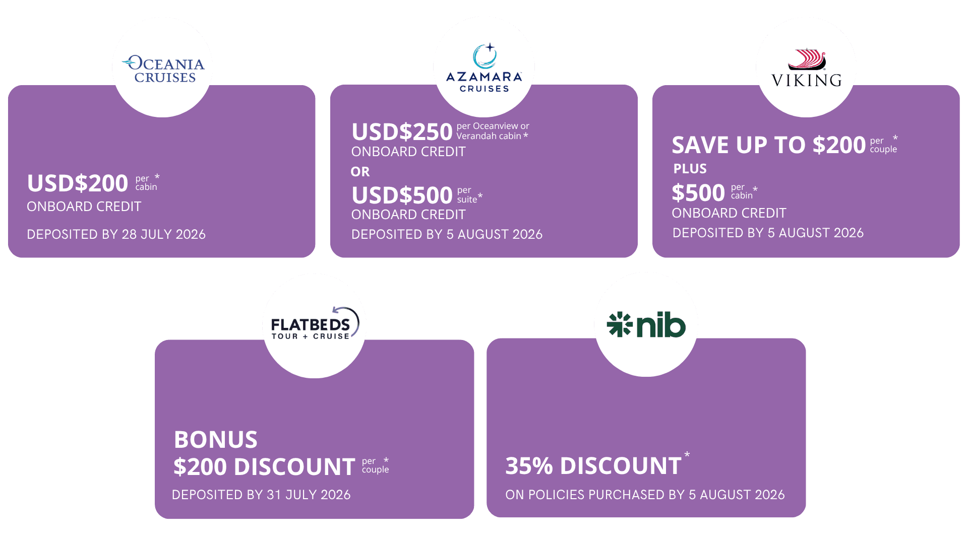 Grid of purple offer cards with circular white logos (Oceania Cruises, Azamara Cruises, Viking, Flatbeds Tour + Cruise, nib) above each card; cards list onboard credits and discounts for various promotions.