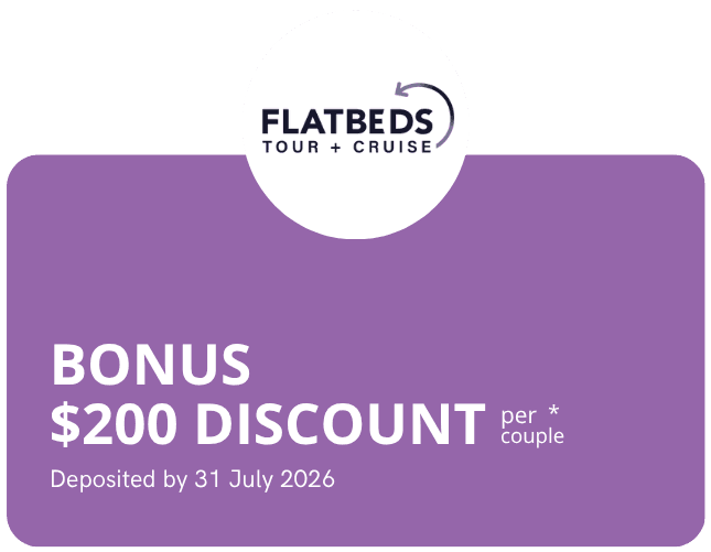 Purple promo banner featuring the Flatbeds logo and the text: 'BONUS $200 DISCOUNT per couple', 'Deposited by 31 July 2016'