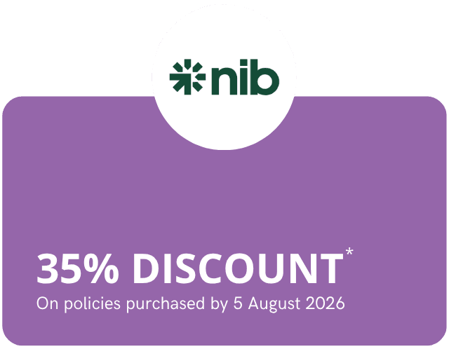 Purple promotional banner offering 35% discount on policies purchased by 5 August 2026, with the nib logo in a white circle at the top.