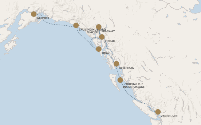 Map of the Alaska Inside Passage cruise route with brown markers at Whittier, Hubbard Glacier, Juneau, Sitka, Ketchikan, Inside Passage, and Vancouver.
