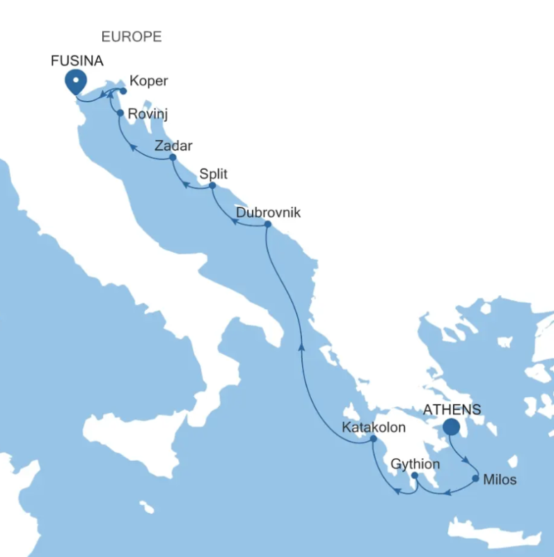 Map showing a sea itinerary from Fusina (near Venice) along the Adriatic to Milos, with stops at Koper, Rovinj, Zadar, Split, Dubrovnik, Katakolon, Gythion, and finally Athens.