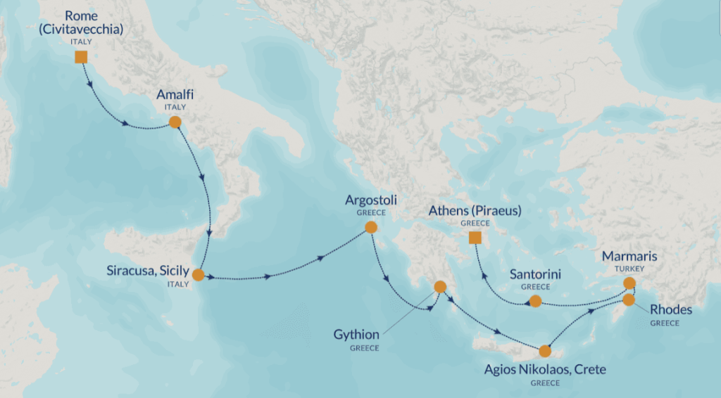 Mediterranean cruise route map showing stops: Rome, Amalfi, Siracusa, Gythion, Athens, Santorini, Crete, Marmaris, Rhodes with dotted sailing lines.
