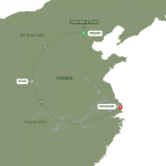 Map of China highlighting a circular travel route with stops at Shanghai, Xi'an, and Beijing; airplane icons along the dashed path, plus labels for the Great Wall of China and the Yangtze River.