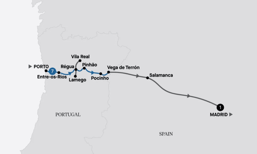 Railway route map from Porto to Madrid with stops: Entre-os-Rios, Lamego, Régua, Vila Real, Pinhão, Pocinho, Vega de Terrón, Salamanca, Madrid (train line across Portugal to Spain).