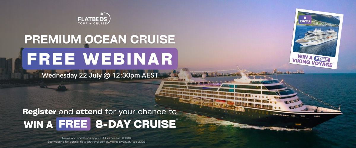 Promotional banner advertising a free webinar on premium ocean cruises, featuring a cruise ship and a purple 'FREE WEBINAR' badge.