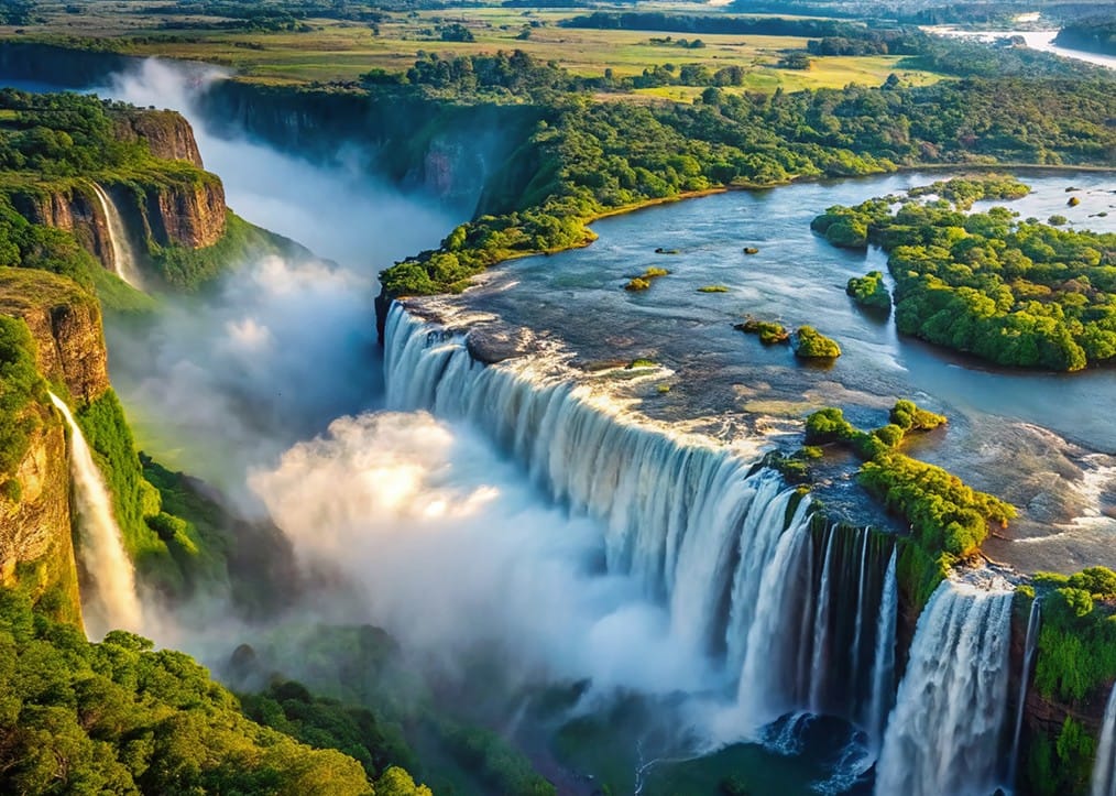 Aerial view of a massive waterfall cascading over cliffs into a misty river surrounded by dense green forests and small islands.