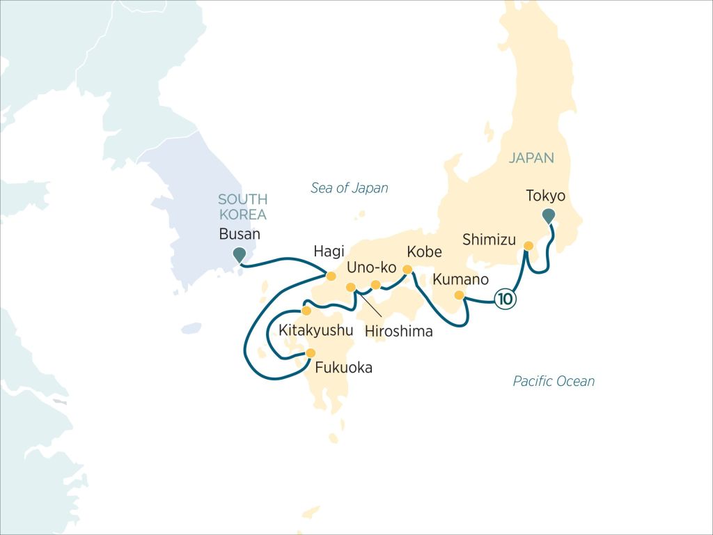 Map of Japan and South Korea cruise route from Busan to Hagi, Hiroshima, Kobe, Shimizu and Tokyo.