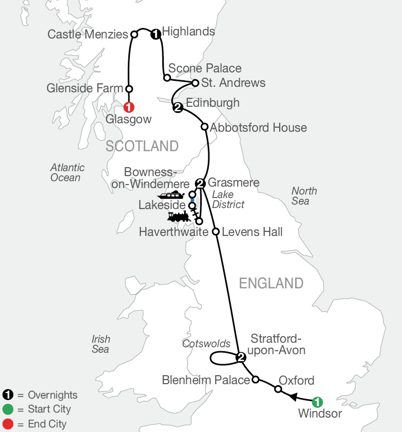 Rail route map from Windsor to Glasgow with multiple stops and overnight markers on the journey.