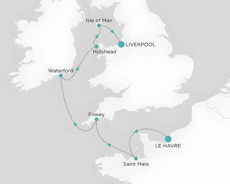 Map of Irish Sea and English Channel cruise route from Liverpool and Le Havre to Waterford, Fowey and Saint Malo.