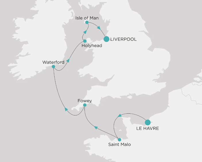 Map showing a sailing route along the UK and French coast with teal stop markers at Liverpool, Holyhead, Isle of Man, Waterford, Fowey, Saint-Malo, and Le Havre; arrows indicate direction.