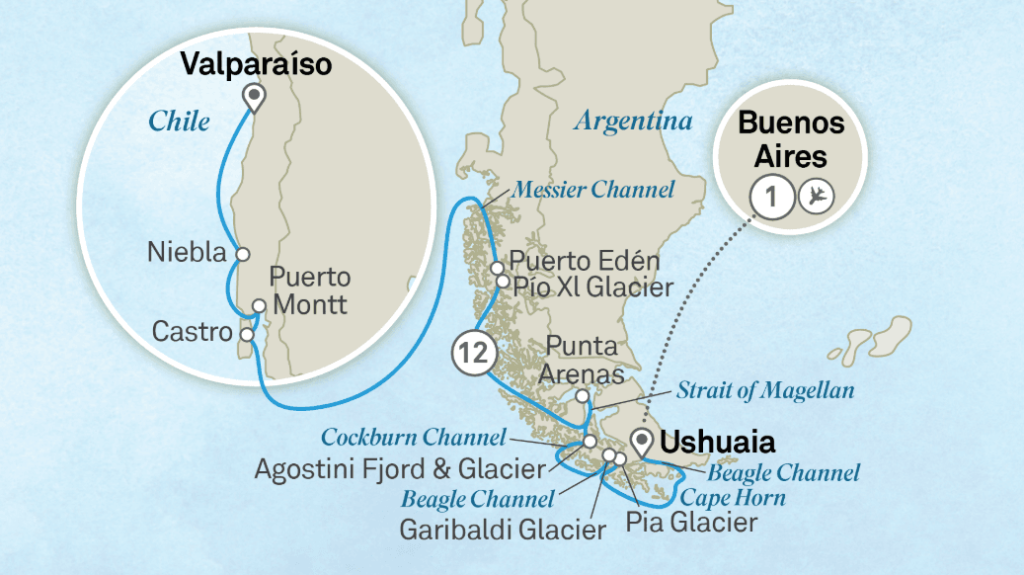 Map of Chile and Patagonia cruise route from Valparaiso through Messier Channel and Punta Arenas to Ushuaia.