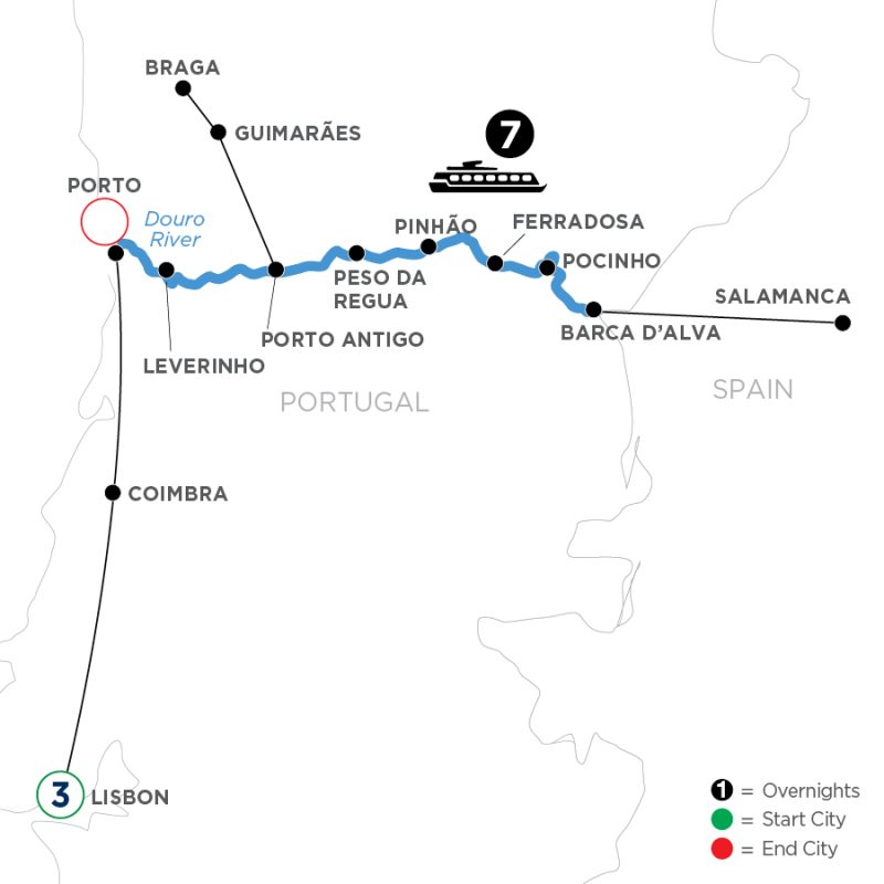 Map of a Lisbon to Salamanca itinerary following the Douro River, with start in Lisbon (green), end in Salamanca (red), and 7 overnights along the river.