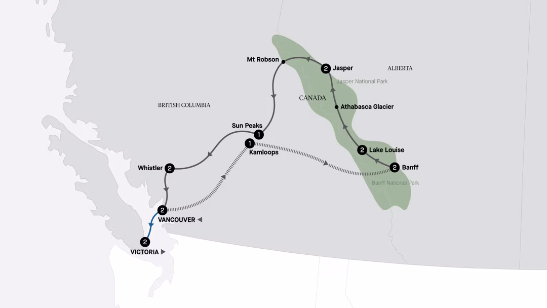 Map of a western Canada travel route: Victoria to Vancouver, Whistler, Kamloops, Sun Peaks, Jasper, Lake Louise, Banff with Athabasca Glacier and Mt. Robson region shown.