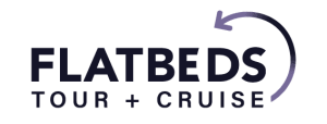 FlatBeds Tour + Cruise logo with bold navy lettering and a purple curved arrow looping above the text.