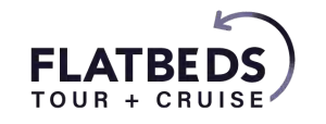 FlatBeds Tour + Cruise logo with bold navy lettering and a purple curved arrow looping above the text.