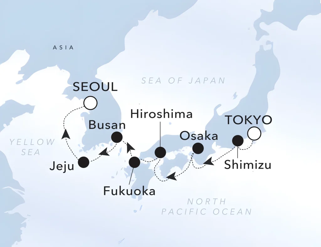 Itinerary map — Tokyo to Seoul with Ritz-Carlton Yacht Collection