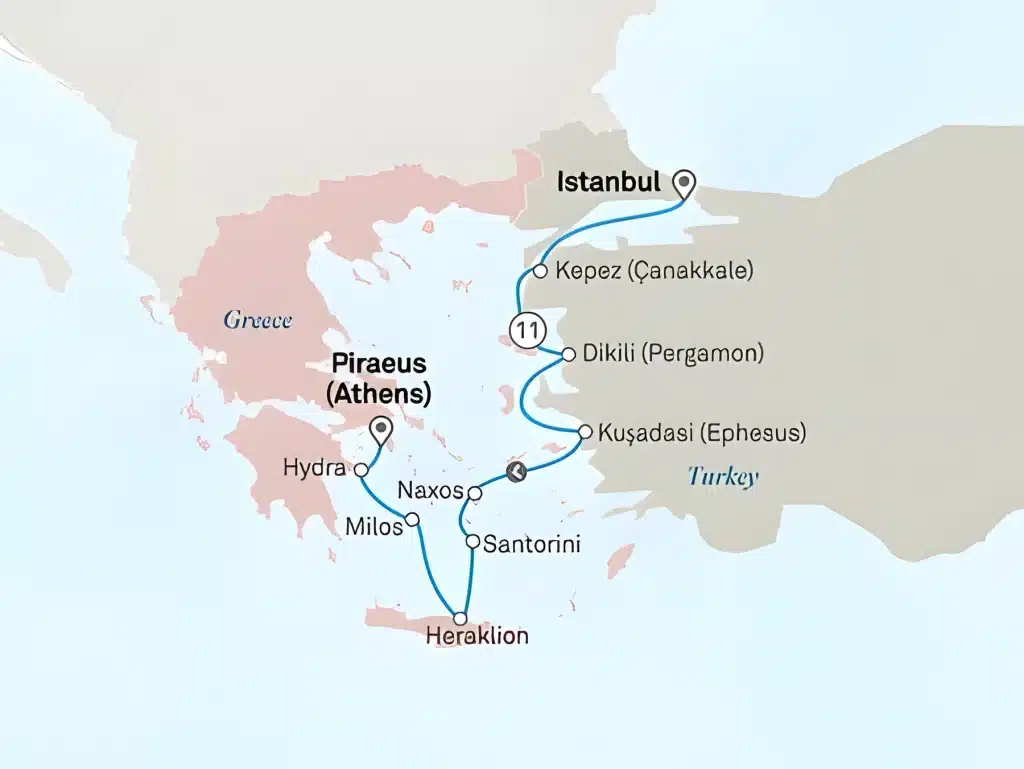 Cruise map from Istanbul via Kepez (Çanakkale), Dikili (Pergamon), Kuşadasi (Ephesus), Naxos, Santorini, Heraklion, Milos and Hydra to Piraeus (Athens).