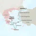 Cruise map from Istanbul via Kepez (Çanakkale), Dikili (Pergamon), Kuşadasi (Ephesus), Naxos, Santorini, Heraklion, Milos and Hydra to Piraeus (Athens).