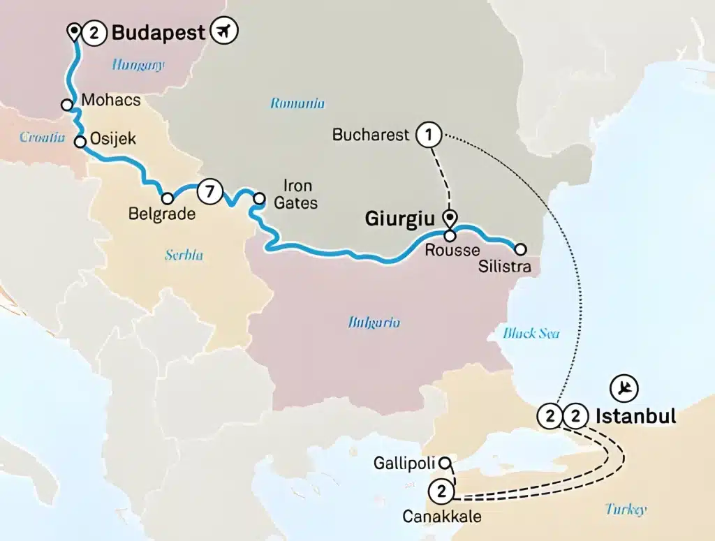 River cruise map from Budapest along the Danube via Mohacs, Osijek, Belgrade, the Iron Gates, Rousse and Silistra to Giurgiu, with Bucharest, Istanbul, Gallipoli and Canakkale.