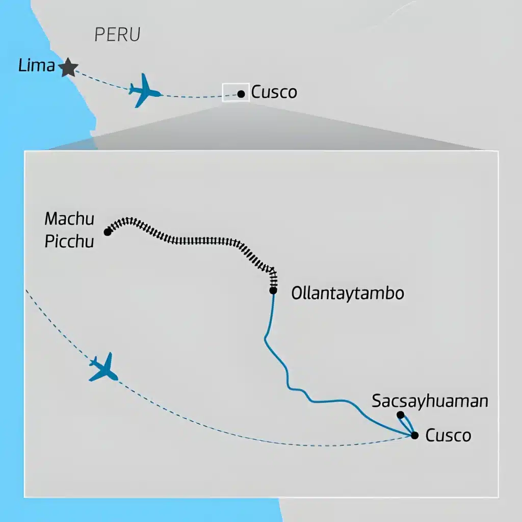 Tour map of Peru linking Lima by air to Cusco, with an inset showing Sacsayhuaman, Ollantaytambo and the train line to Machu Picchu.