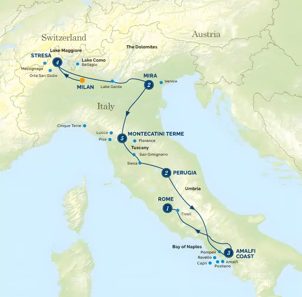 Tour map of Italy from Milan via Stresa on Lake Maggiore, Mira near Venice, Montecatini Terme in Tuscany, Perugia and the Amalfi Coast to Rome.
