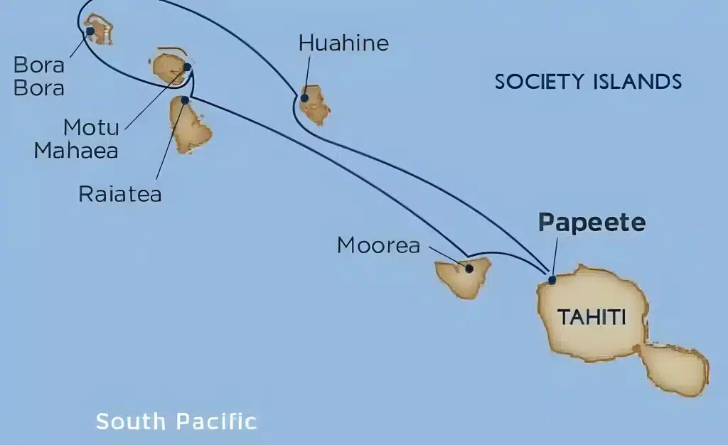 Cruise map of the Society Islands from Papeete, Tahiti, via Moorea, Huahine, Bora Bora, Motu Mahaea and Raiatea, returning to Papeete.