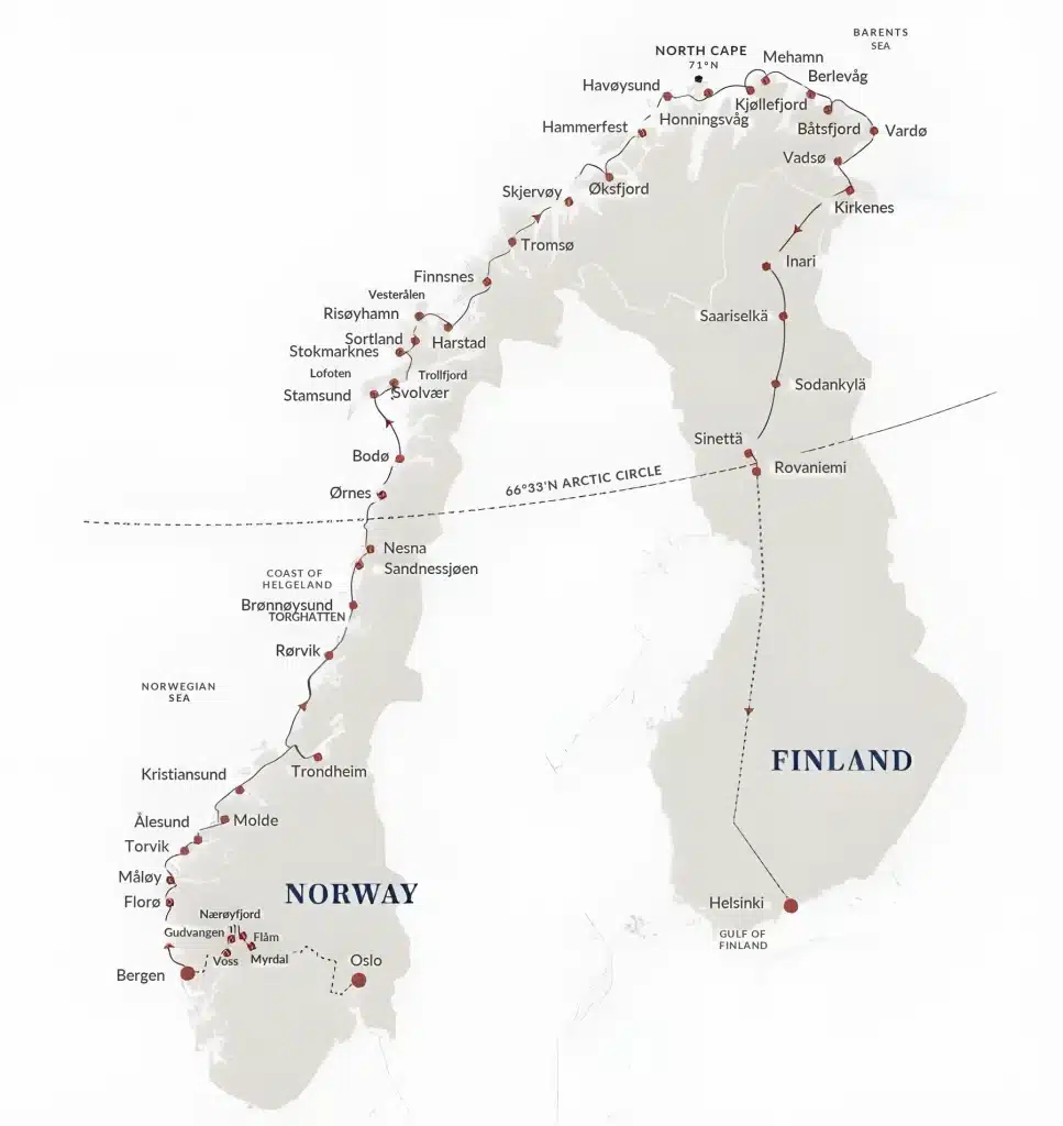 Route map from Oslo and Bergen up the Norwegian coast via Trondheim, Bodø, Lofoten, Tromsø and North Cape to Kirkenes, then through Finnish Lapland via Rovaniemi to Helsinki.