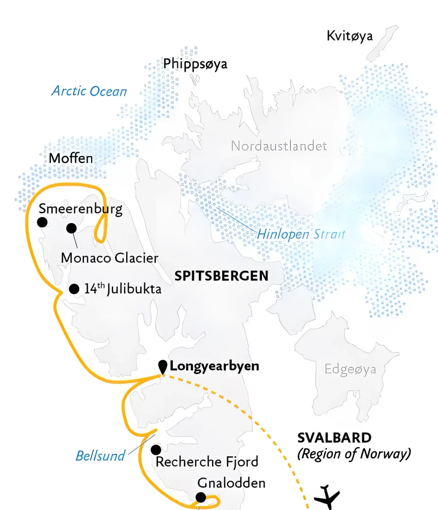 Cruise map of Spitsbergen, Svalbard, from Longyearbyen via Smeerenburg, Monaco Glacier, 14th Julibukta, Bellsund, Recherche Fjord and Gnalodden.