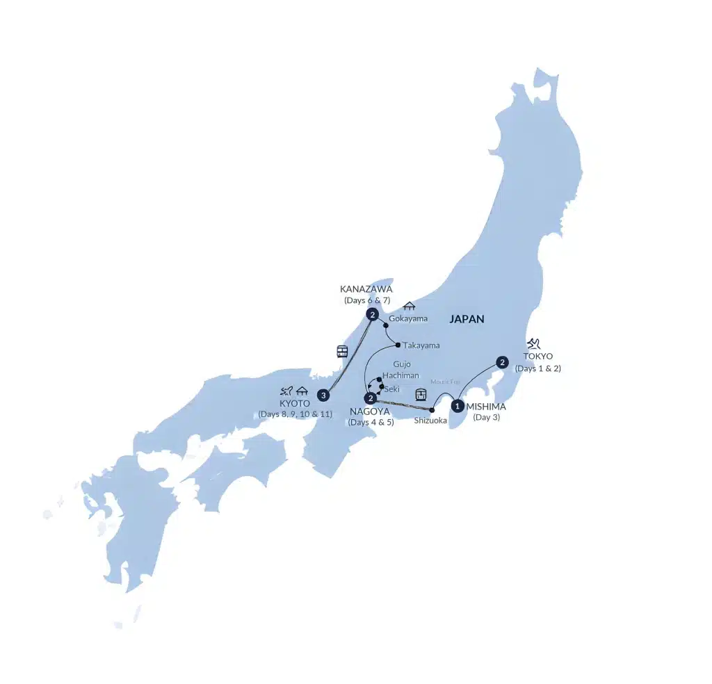 Tour map of Japan from Tokyo via Mishima, Shizuoka, Nagoya, Gujo Hachiman, Seki, Takayama, Gokayama and Kanazawa to Kyoto.