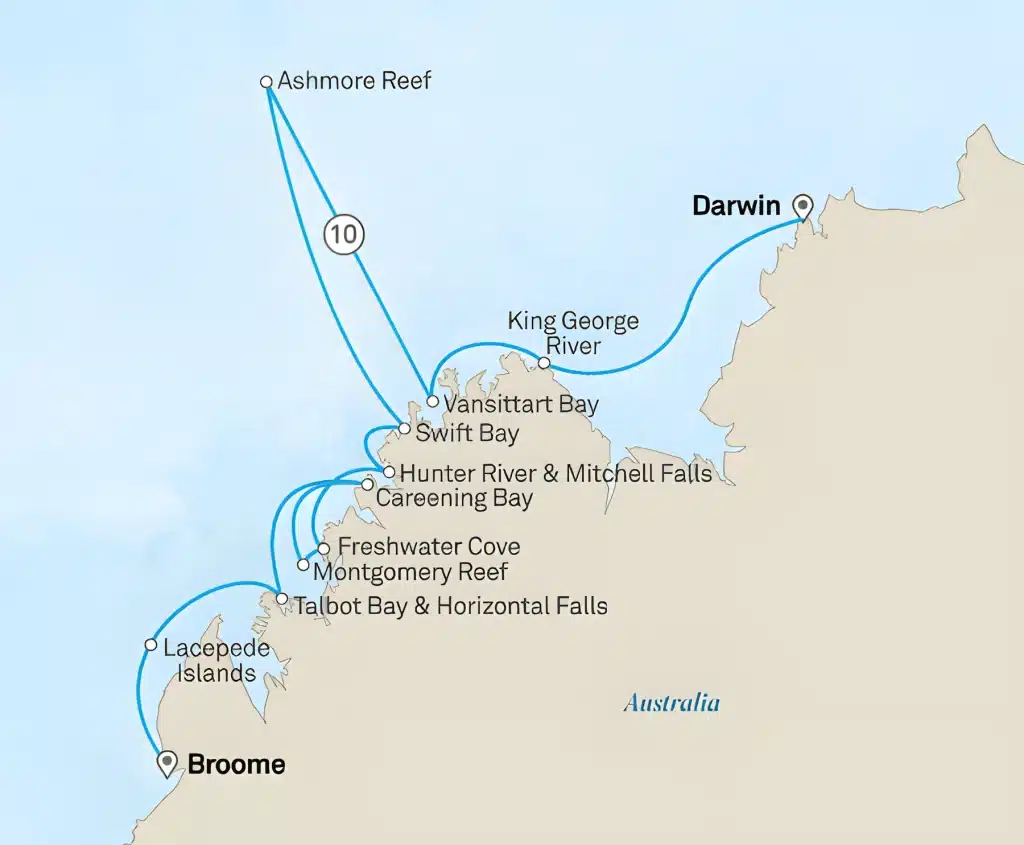 Coastal map of a voyage from Broome to Darwin along the Kimberley coast, marking stops at Lacepede Islands, Swift Bay, and Ashmore Reef.