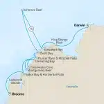 Coastal map of a voyage from Broome to Darwin along the Kimberley coast, marking stops at Lacepede Islands, Swift Bay, and Ashmore Reef.