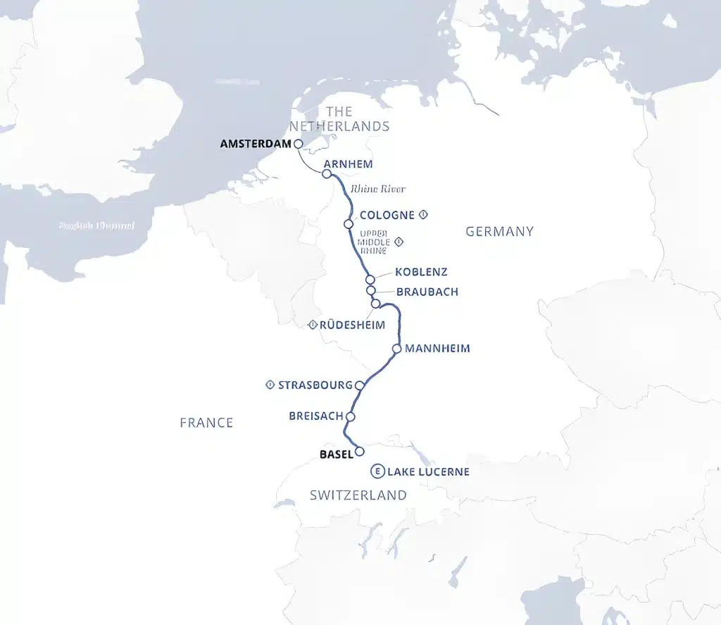 River cruise map along the Rhine from Amsterdam via Arnhem, Cologne, Koblenz, Braubach, Rüdesheim, Mannheim, Strasbourg and Breisach to Basel.