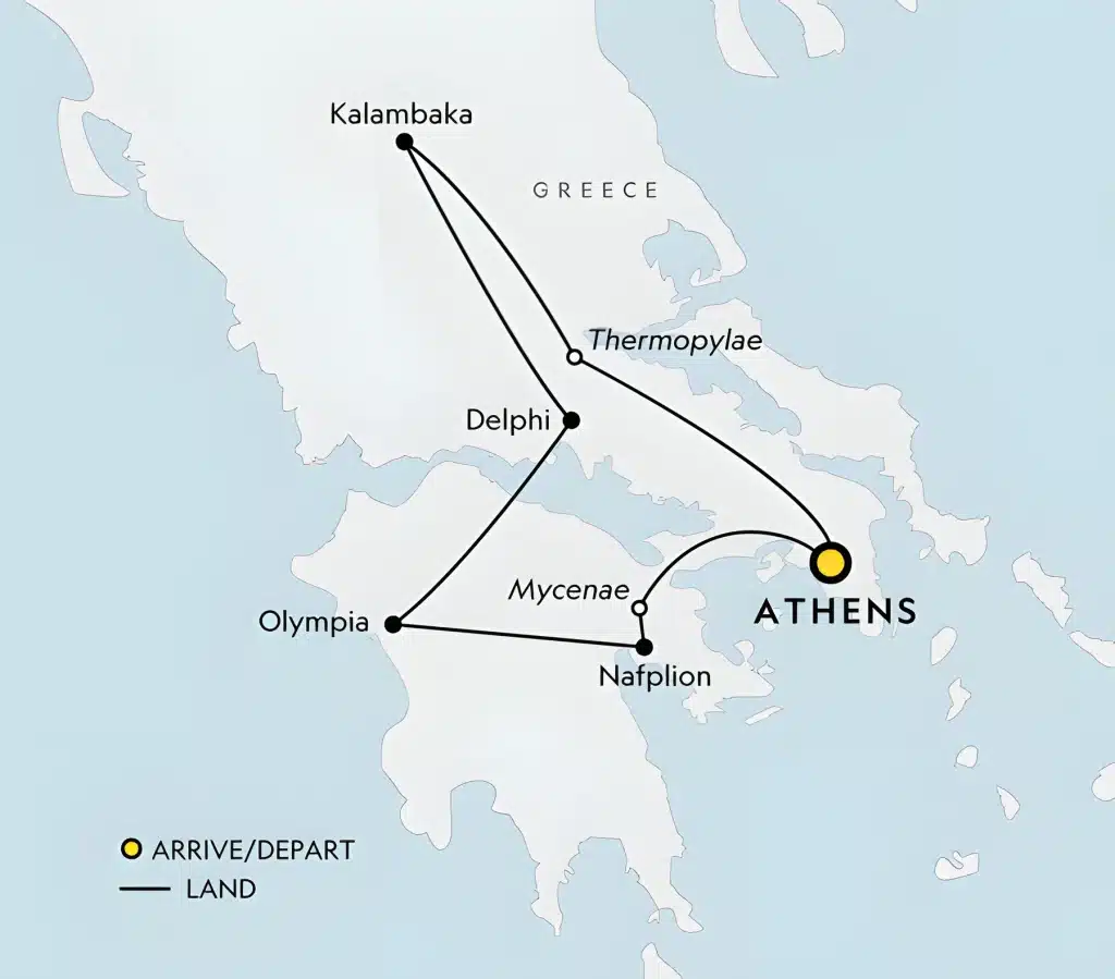 Map of Greece showing a land-route itinerary from Athens to Olympia, Nafplion, Mycenae, Delphi, Kalambaka, and Thermopylae with connecting lines and a yellow Athens marker