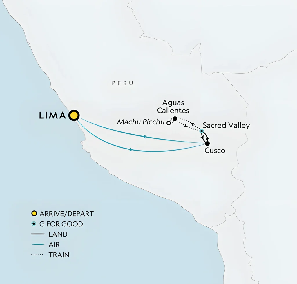 Tour map of Peru with flights between Lima and Cusco, plus overland and train travel via the Sacred Valley and Aguas Calientes to Machu Picchu.
